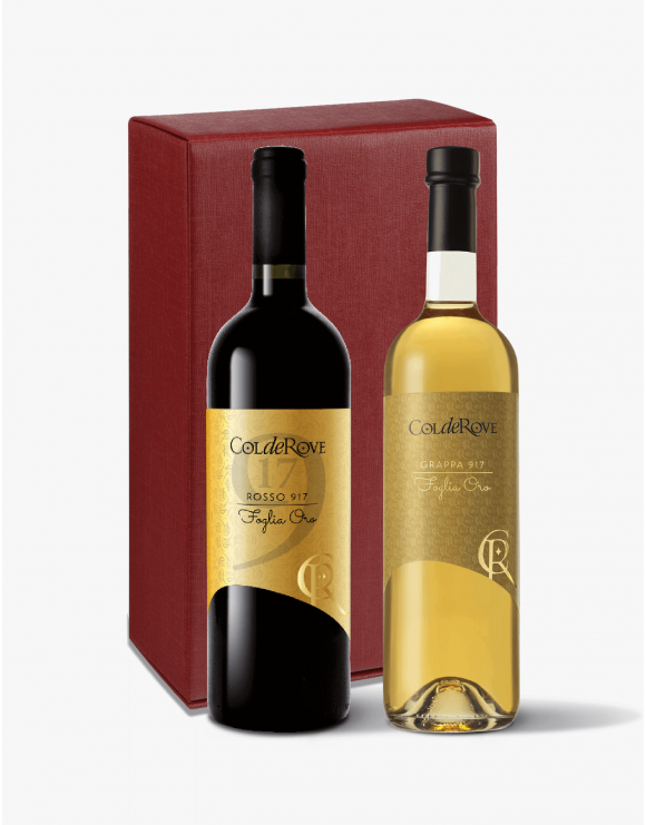 Astuccio 2 Bottiglie Foglia Oro Grappa invecchiata e Rosso 917