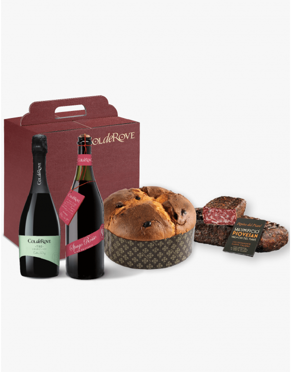 Bauletto 1 Gran Cuvée Spumante Extra Dry - 1 Spago Rosso Frizzante - 1 Pepita del Piave - Panettone Artigianale g.1000